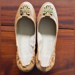 Tory Burch Cognac Leather Logo Ballet Flats